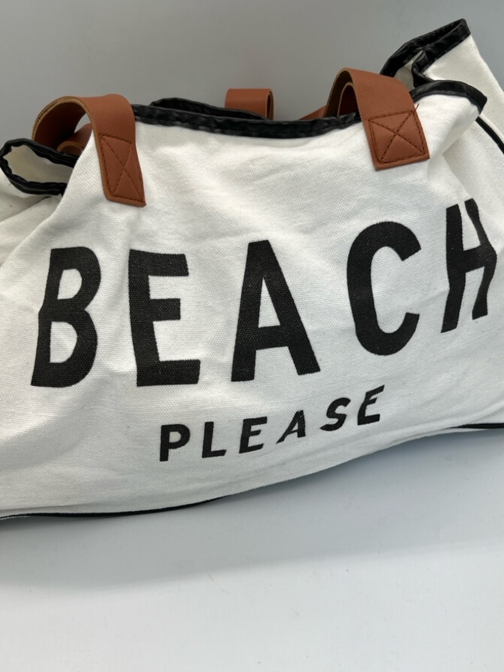 Beach Please Canvas Tote Bag with Brown Handles